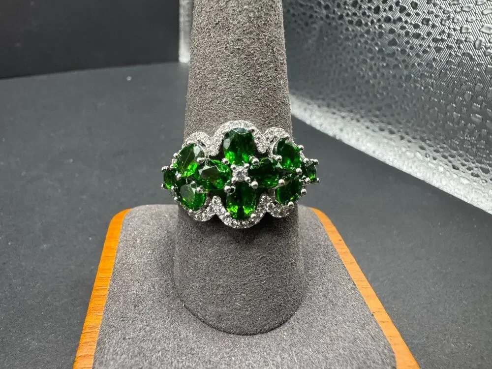 Vintage Sterling Silver 925 Chrome Diopside Cluster Cocktail Ring Sz 10